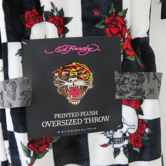 Ed Hardy Black And White Checkered Skull Roses Oversized Throw 60 x 70" in - Picture 5 of 5